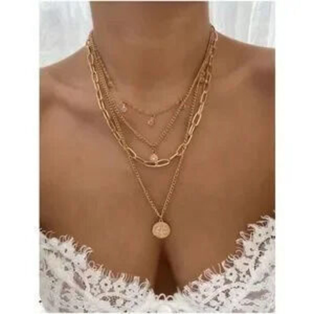 Boho Gold Tone Flower Chain Multilayer Necklace